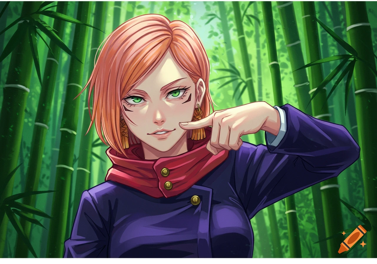 Anime girl with orange hair and green eyes in a bamboo forest, pointing ...