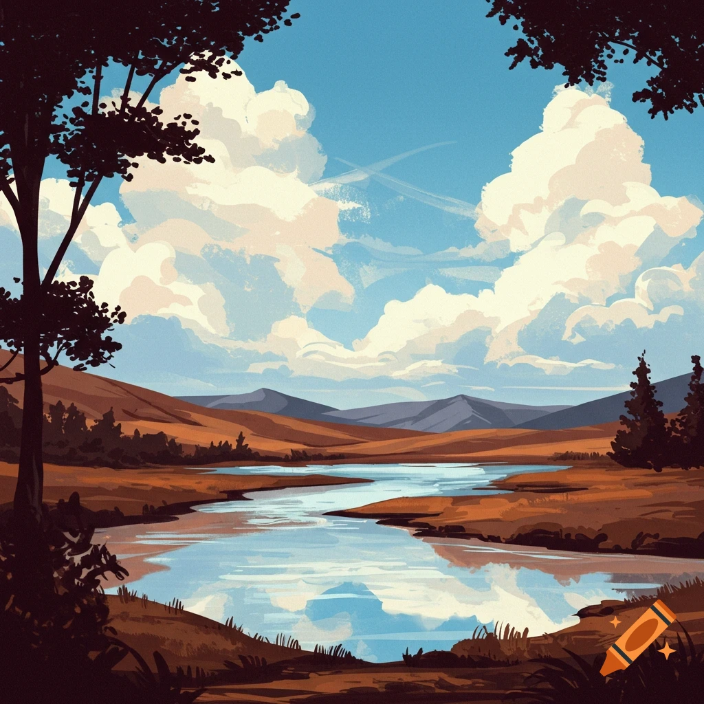 A stylized image of a river winding through a grassy landscape with mountains in the background under a cloudy sky.