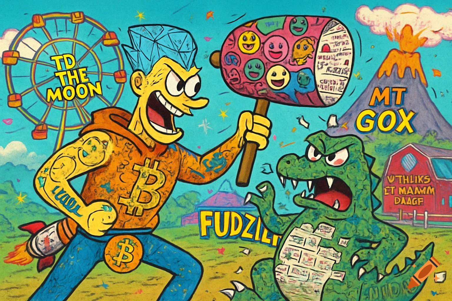 Cartoon hero with Bitcoin hoodie and rocket belt swings a mallet at a green monster in a carnival setting.