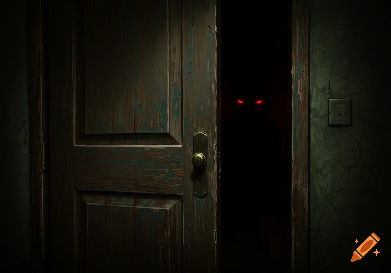 An old, open door with red eyes visible in the darkness beyond.