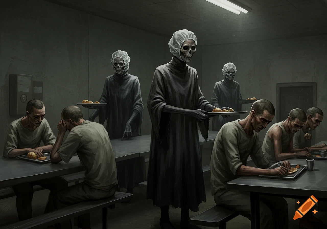 Skeletal figures serving gaunt prisoners lunch in a dark prison cafeteria.