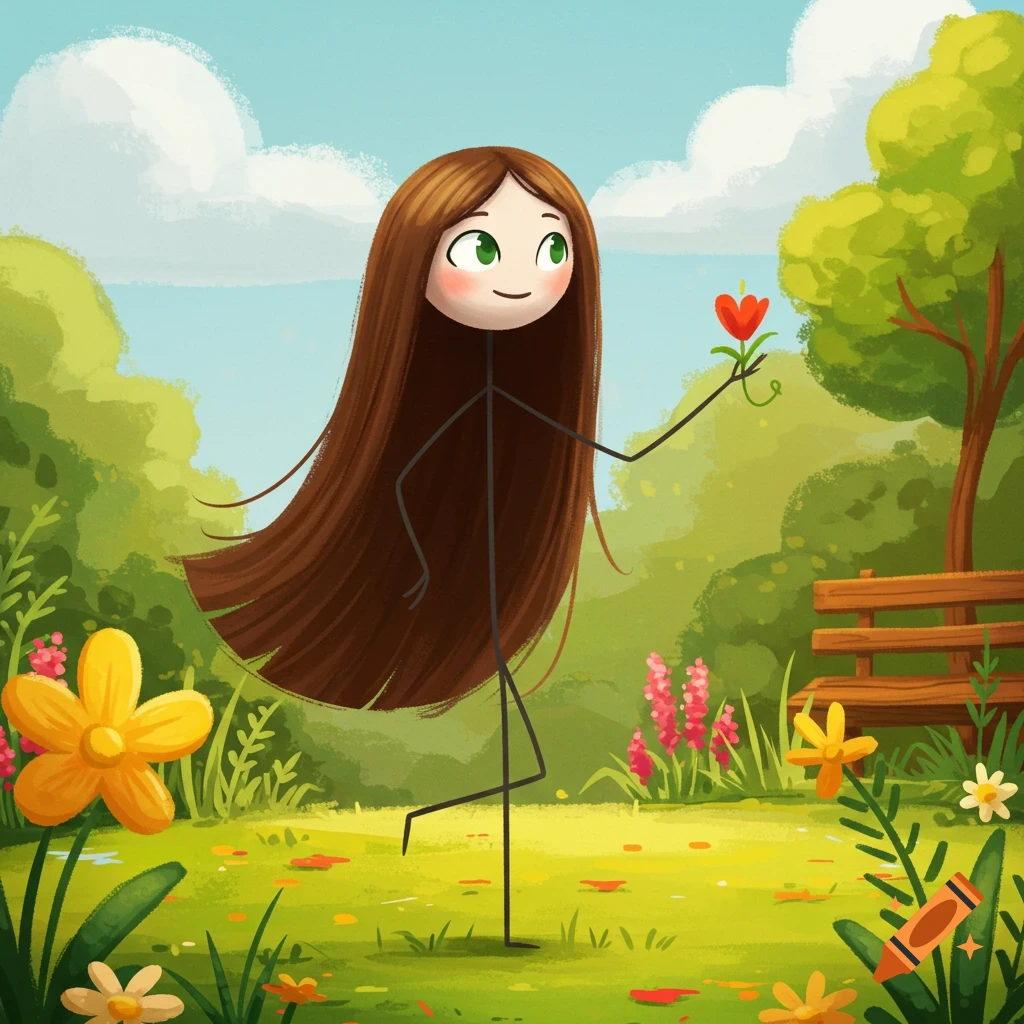 A stick figure woman with long brown hair and green eyes holds a flower in a park.