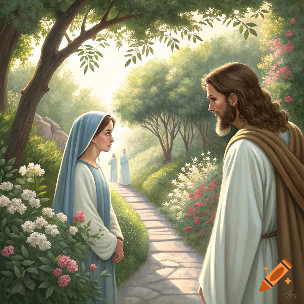 Jesus and Mary walk a pathway in a lush garden.