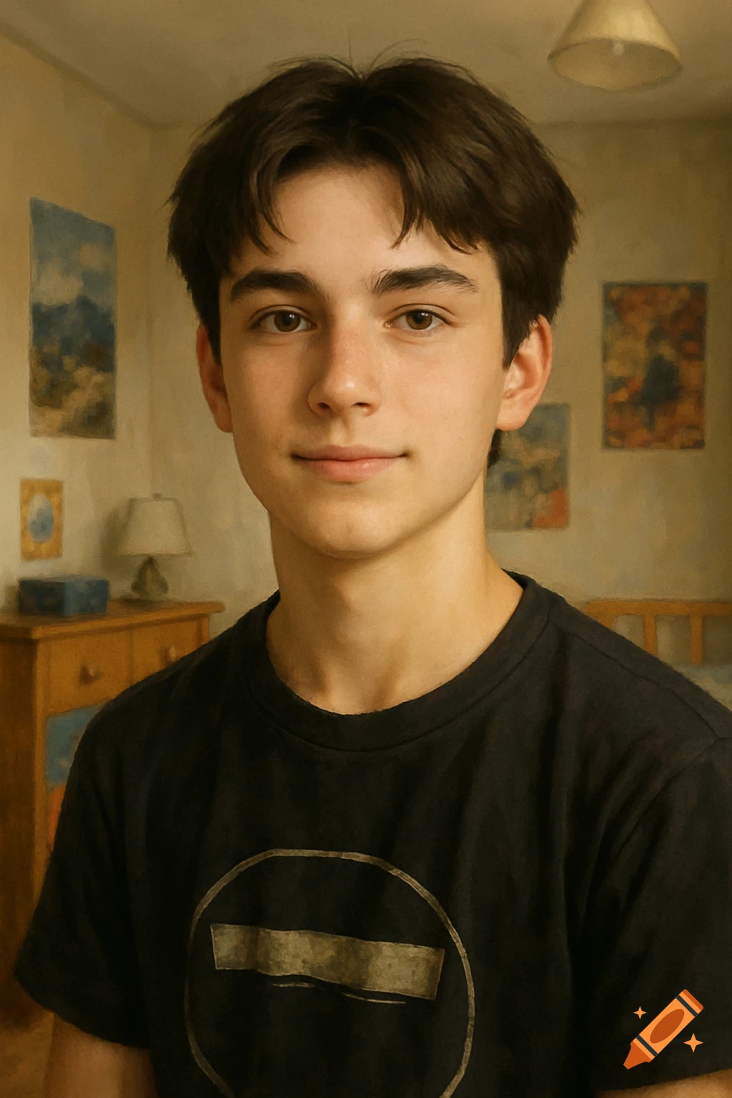 A teenage boy in a bedroom.