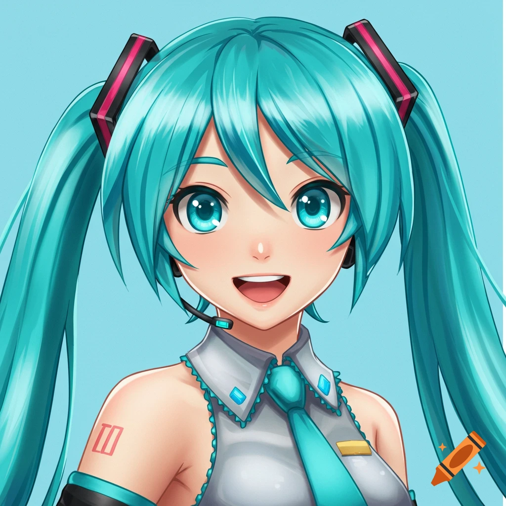 Close-up anime portrait of Hatsune Miku smiling