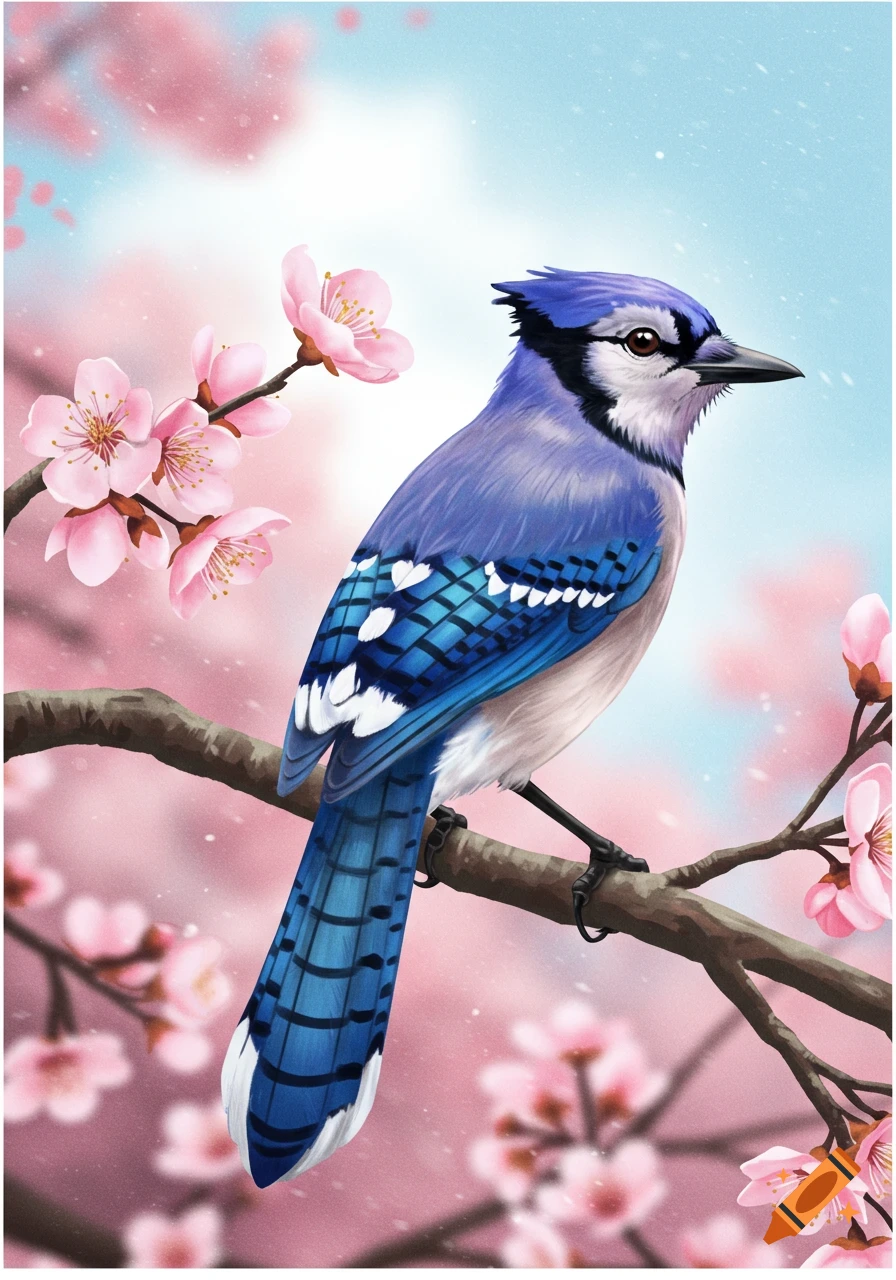 A blue jay perches on a cherry blossom branch.