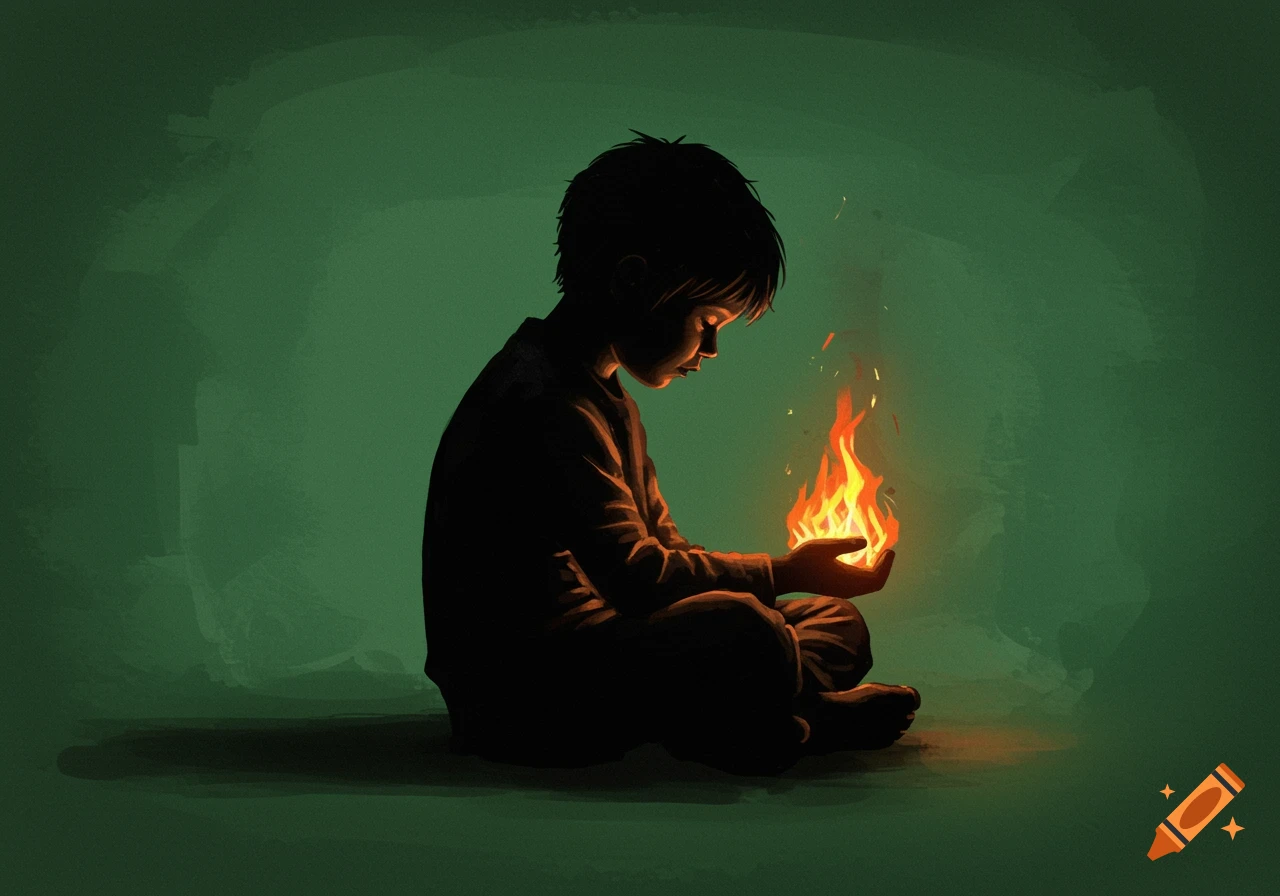 Silhouette of a child sitting, holding fire in their hands, against a green background.