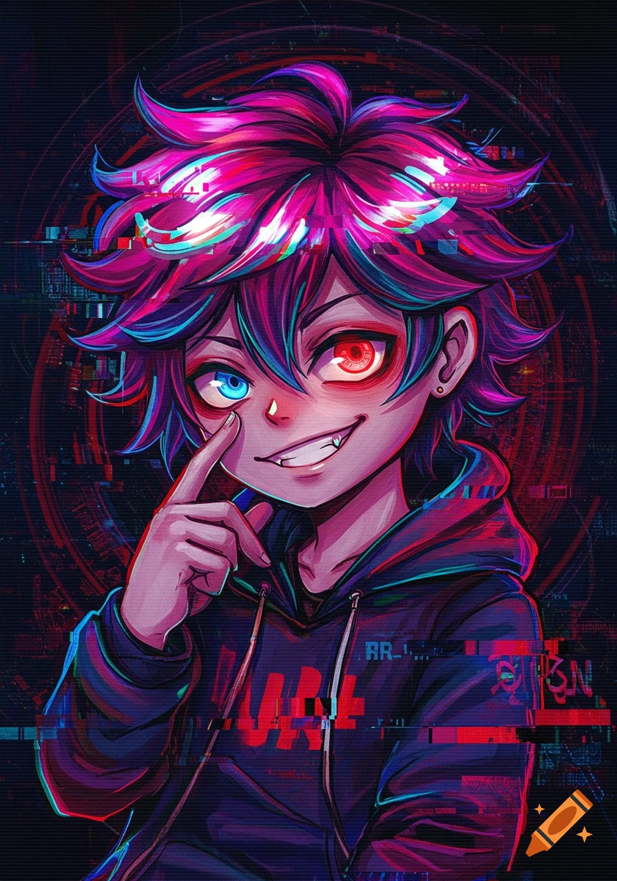 Digital art portrait of a glitchy anime guy with vibrant hair, two-colored eyes, and a grin, pointing a finger.