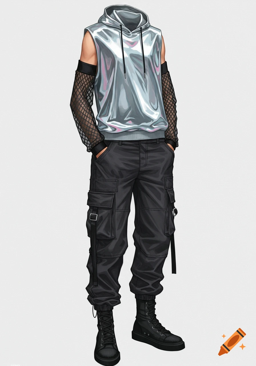 Dark grey cargo pants, a silver metallic sleeveless hoodie, and black mesh sleeves.