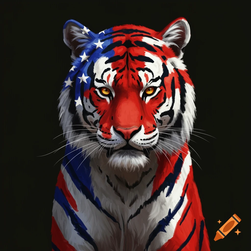 A tiger covered in American flag stars and stripes, looking forward on black background.
