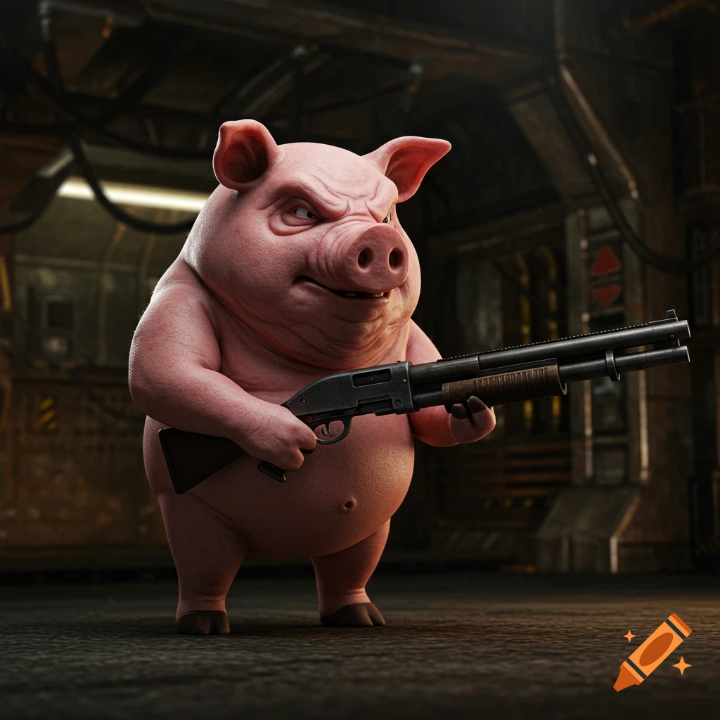 A muscular anthropomorphic pig holds a shotgun in a dark industrial setting.