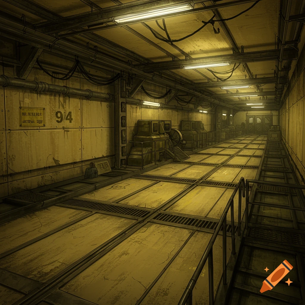 A dimly lit industrial hallway with metal floors and equipment.