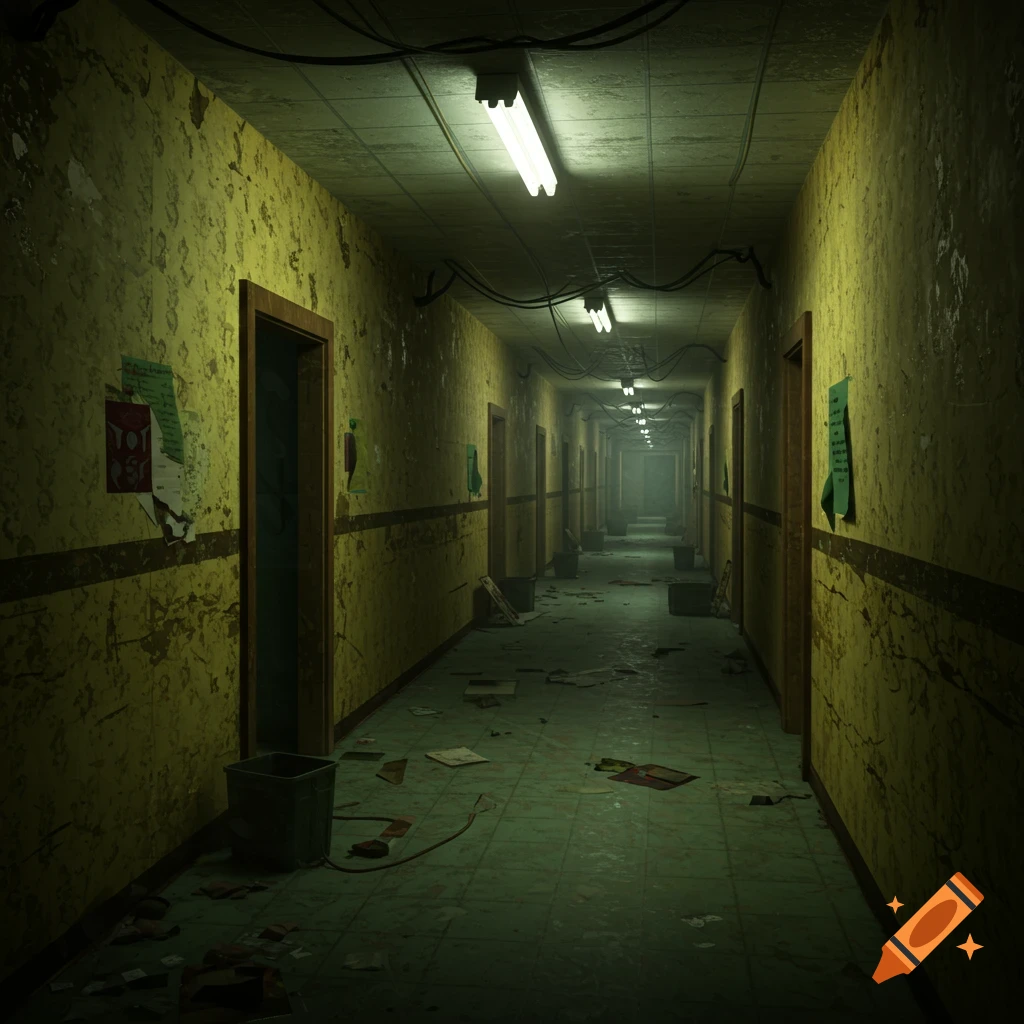 A long, eerie hallway with yellow walls, fluorescent lights, and debris, evoking the Backrooms.