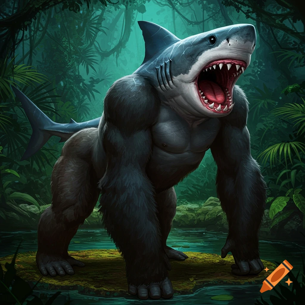 A gorilla-shark hybrid creature stands in a jungle clearing.