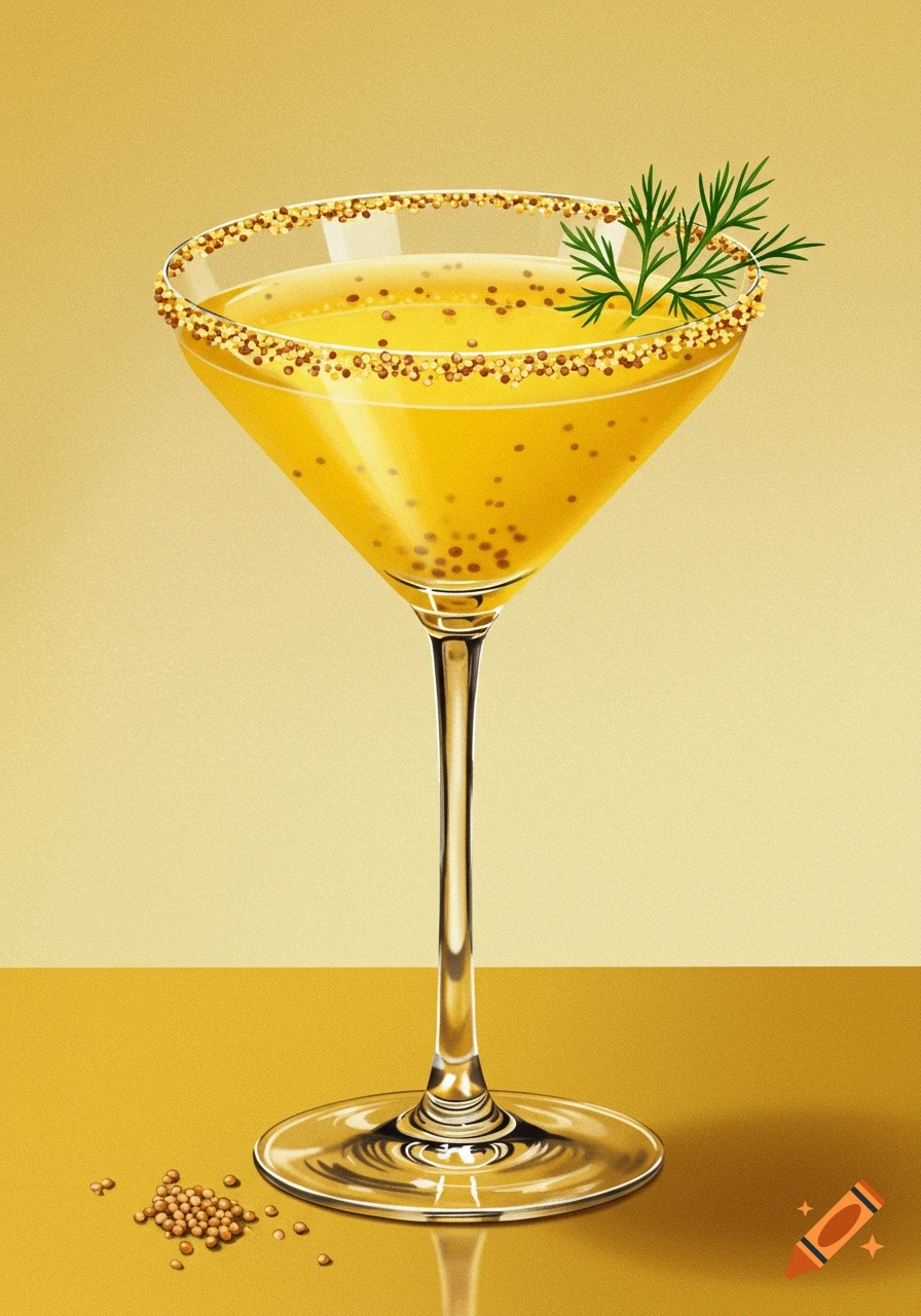 A mustard martini with dill garnish and mustard seeds.