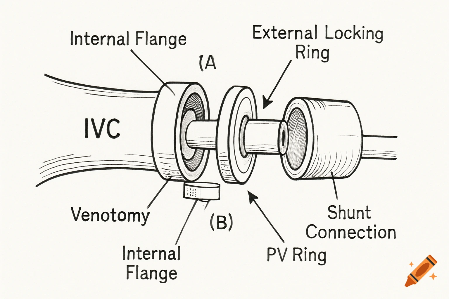 Diagram of a medical coupler connecting IVC and PV, with labels for parts like internal flange, external ring, and shunt connection.
