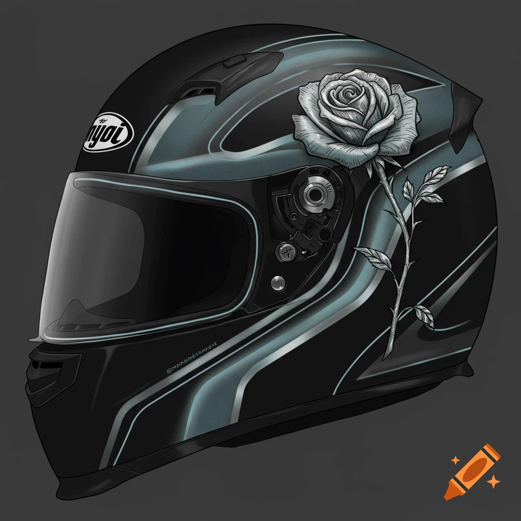 Digital drawing of a matte black motorcycle helmet with silver and blue lines and a detailed silver rose design.