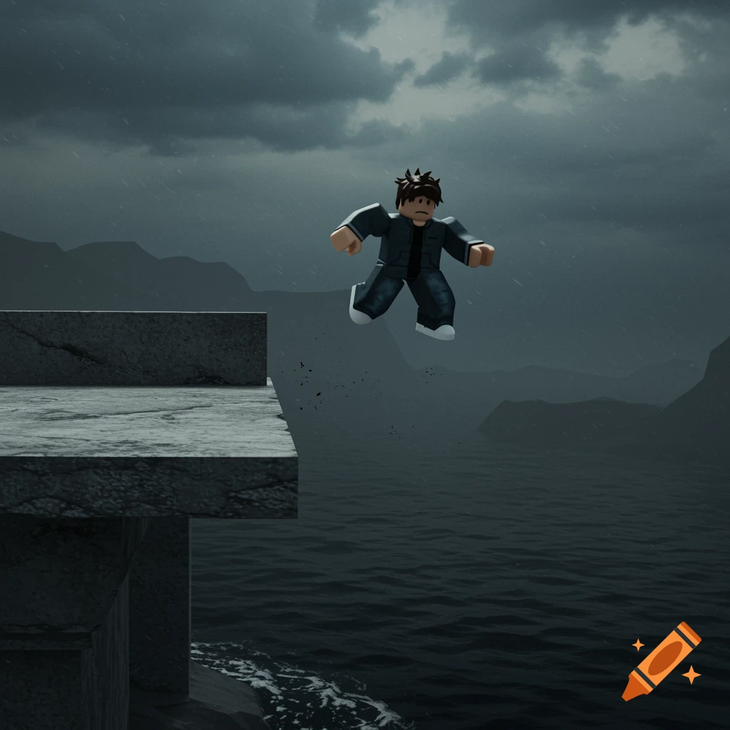Roblox character jumps from a concrete structure over dark water under a stormy sky.