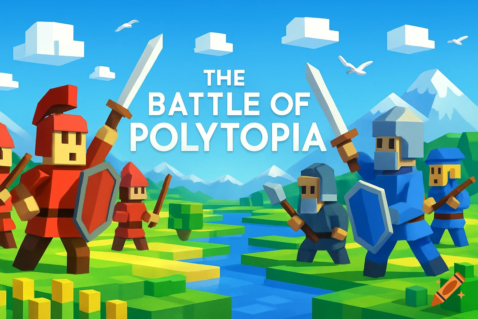 Stylized block art showing red and blue figures in a battle scene with text 'THE BATTLE OF POLYTOPIA'. Landscape with river and mountains.