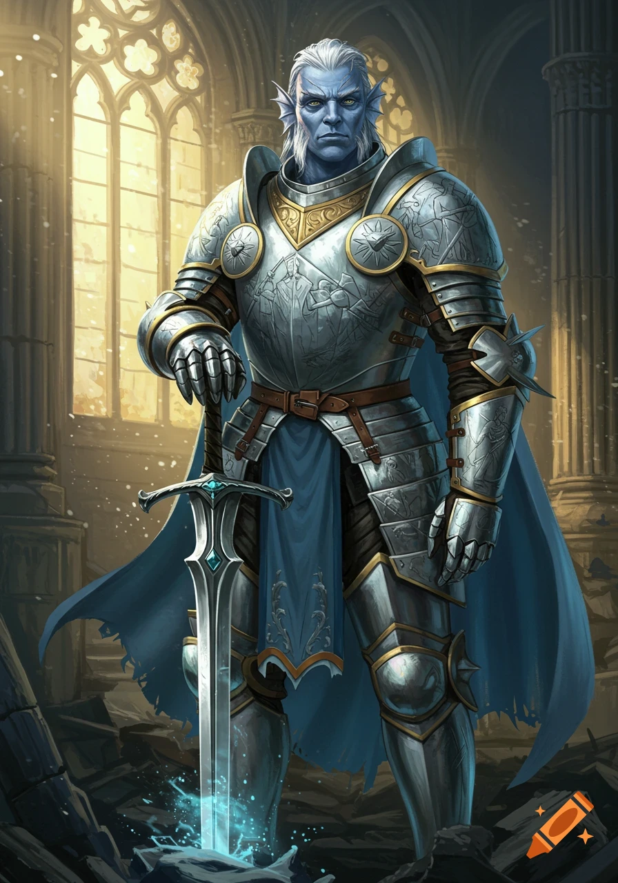 A stoic triton paladin in ornate plate armor holds a glowing sword in a ruined cathedral.