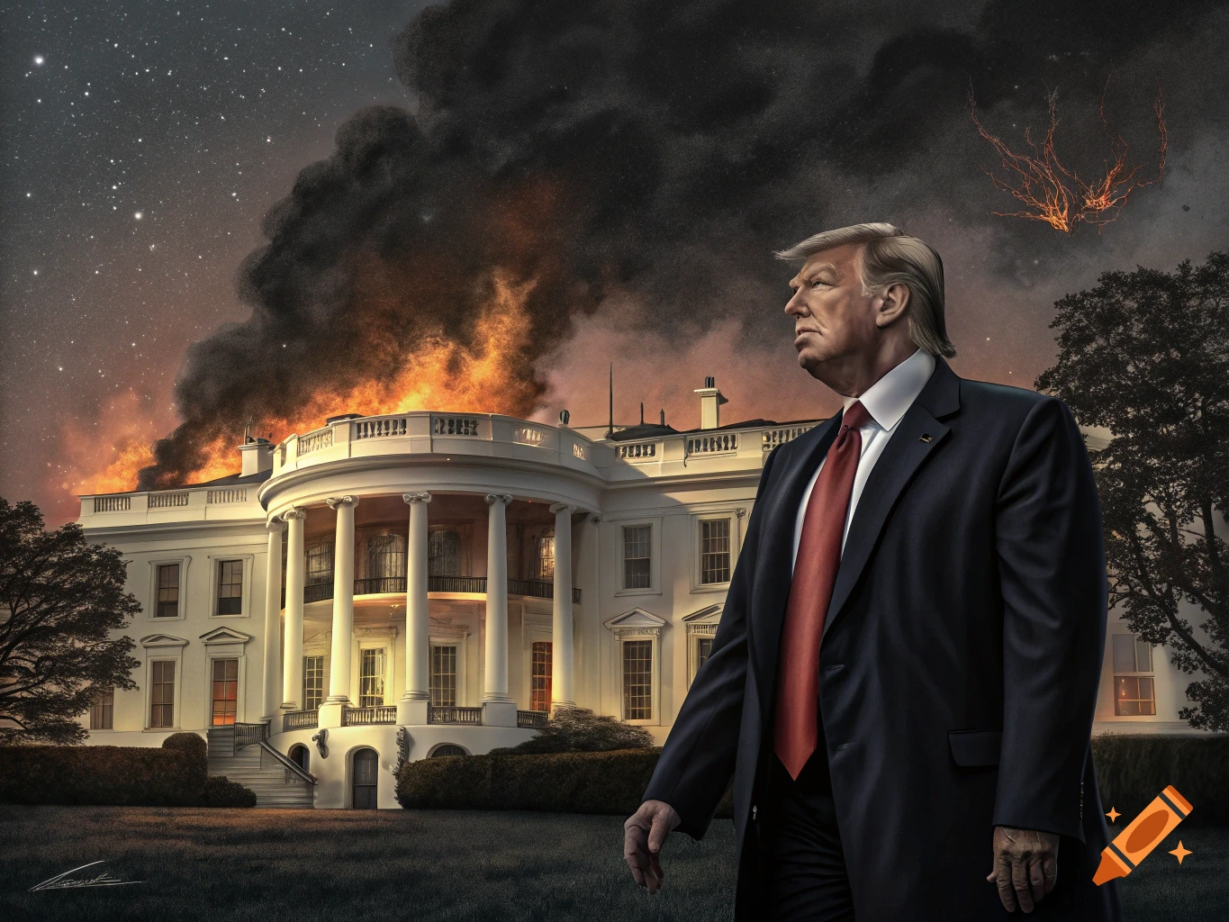 Donald Trump stands in front of the White House engulfed in flames under a starry sky.