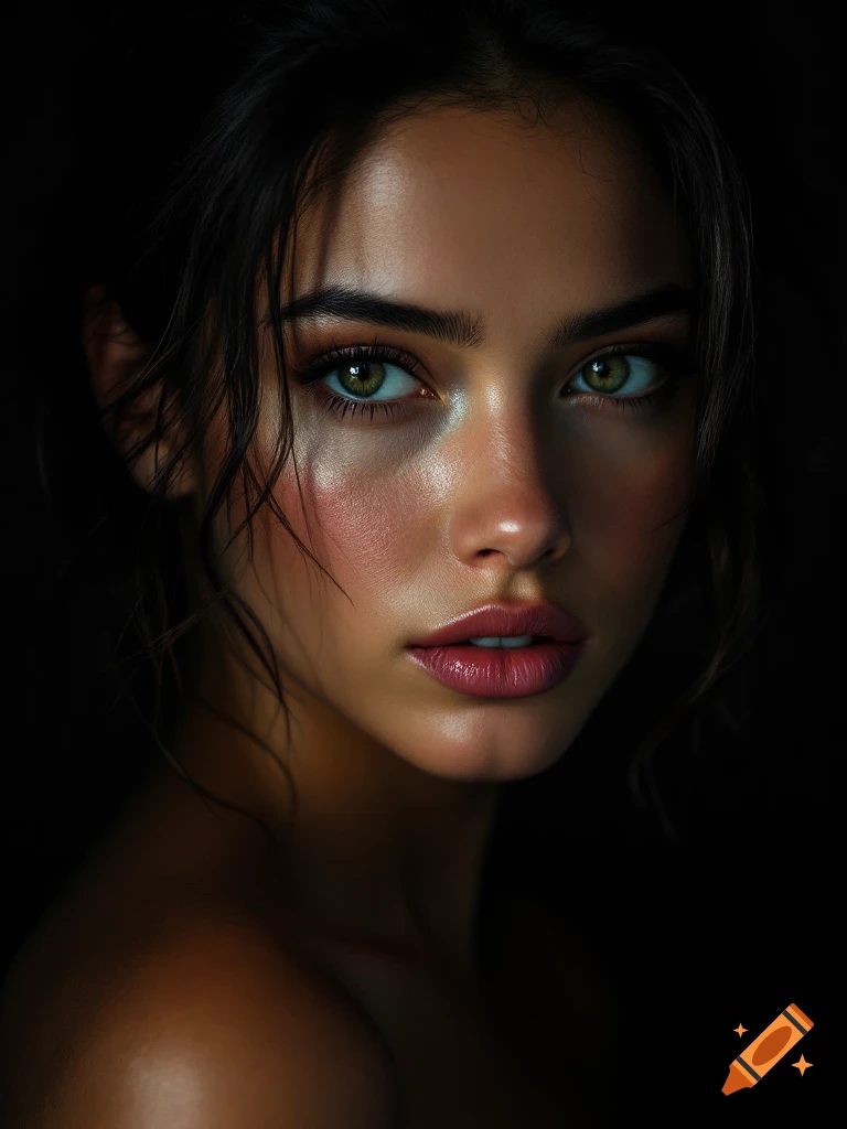 Close-up photorealistic portrait of a woman with intense green eyes and highlighted skin against a dark background.