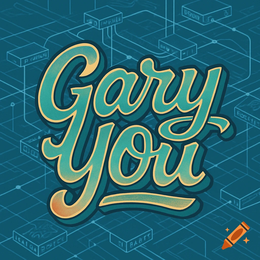 Stylized text art spelling 'Gary You' over a blue background grid with network diagram elements.