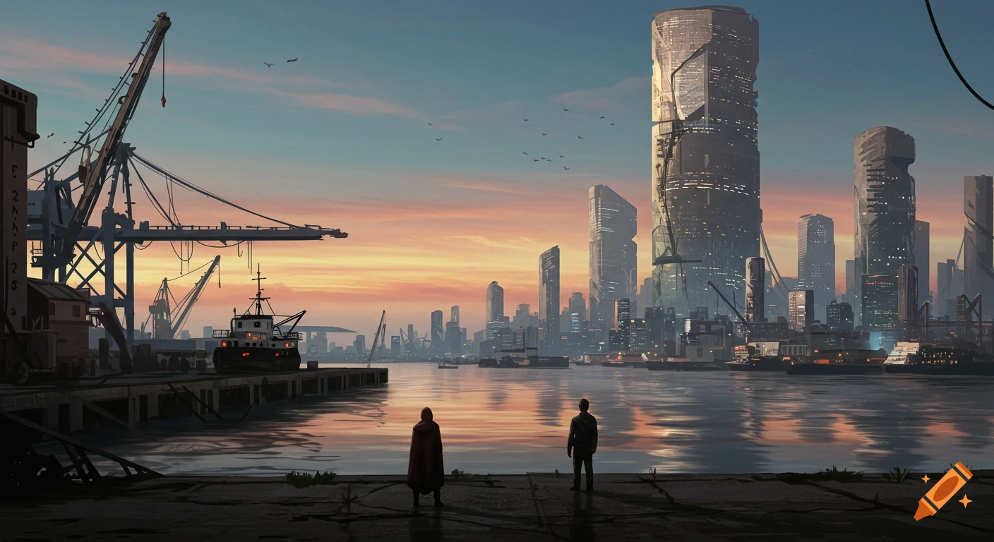 Future port city skyline at sunset with cranes, boat, and two figures.