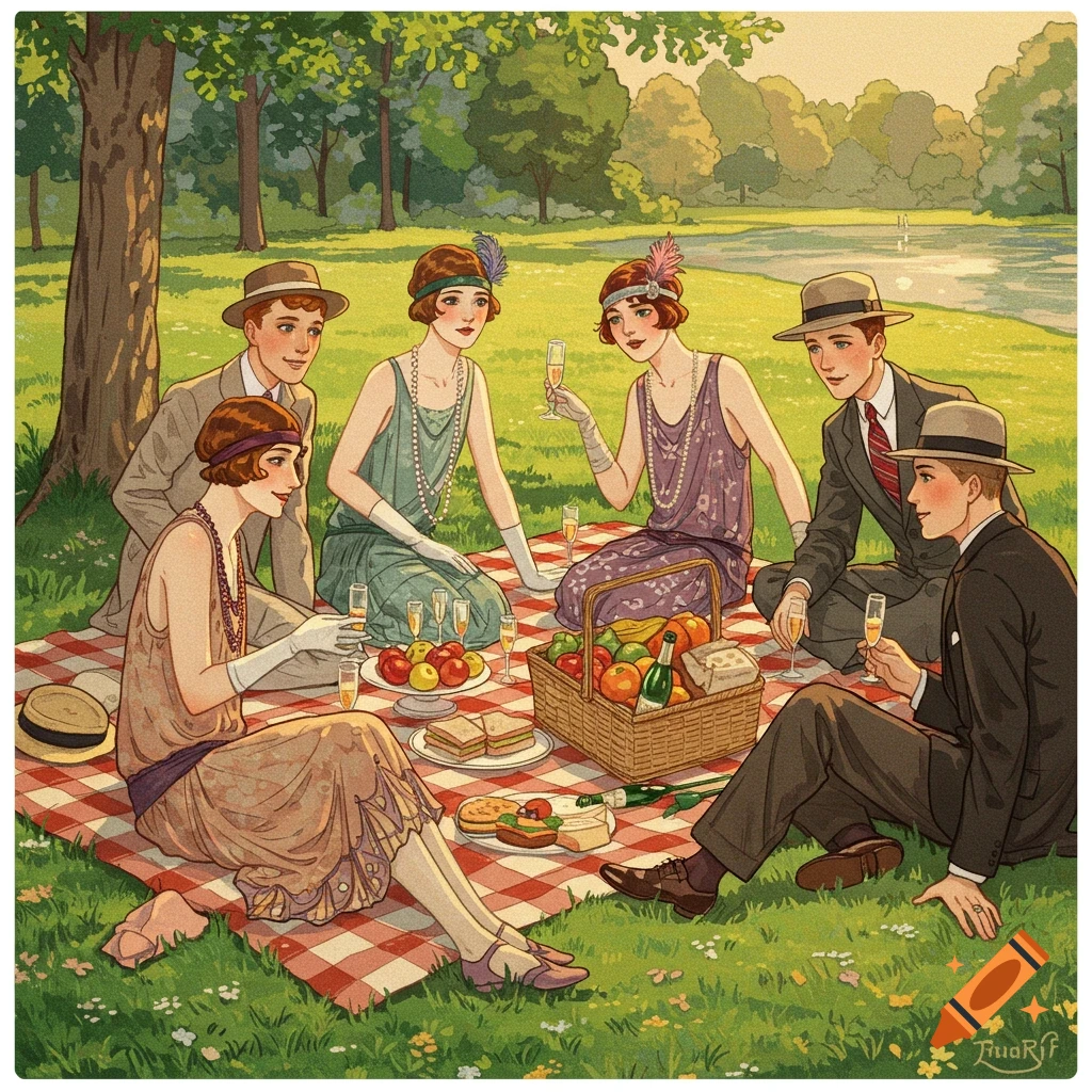 a 1920s picnic in a park with six people