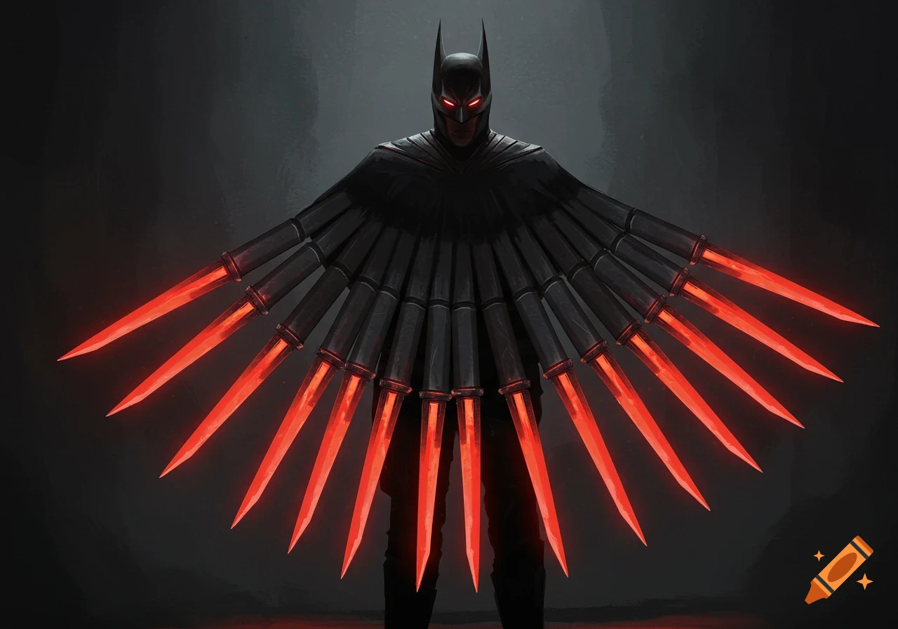 A dark figure resembling Batman wears a cape made of glowing red blades.