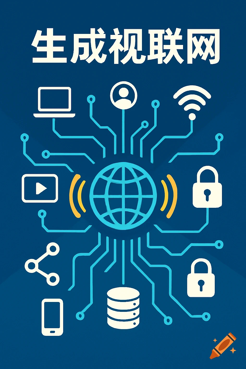 Vector illustration of a global network connecting various digital devices and concepts.