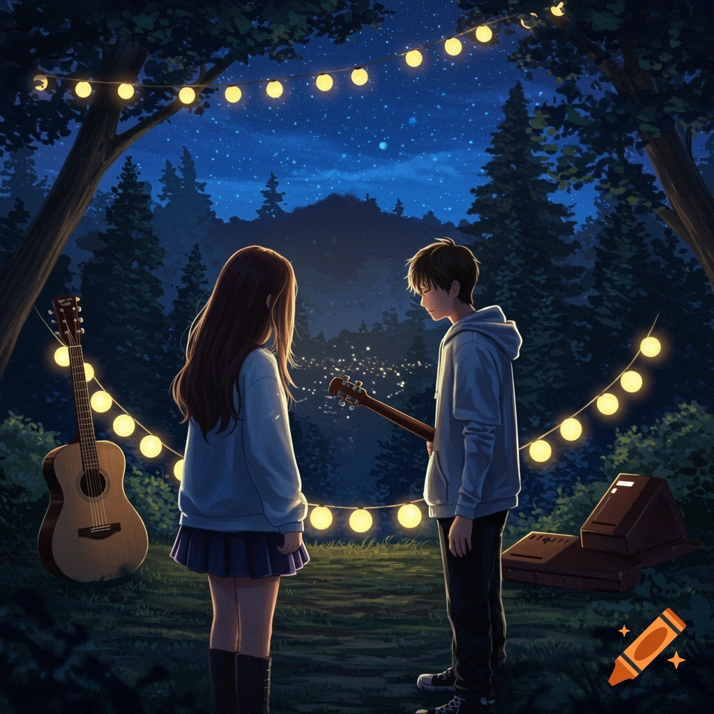 Anime image of a boy and girl standing among trees and string lights at night, with a guitar nearby.