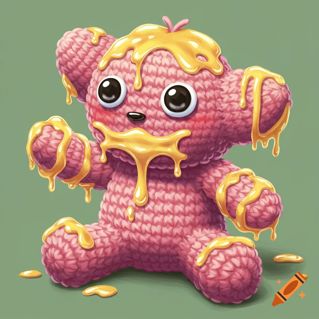 A pink crochet teddy bear covered in sticky yellow goo.
