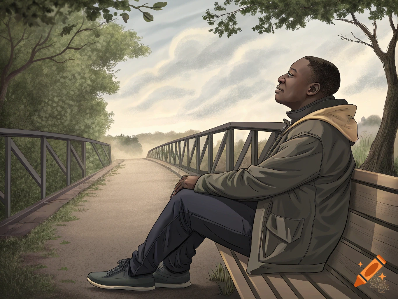 Illustration of a man sitting on a park bench looking up, with a bridge behind him.