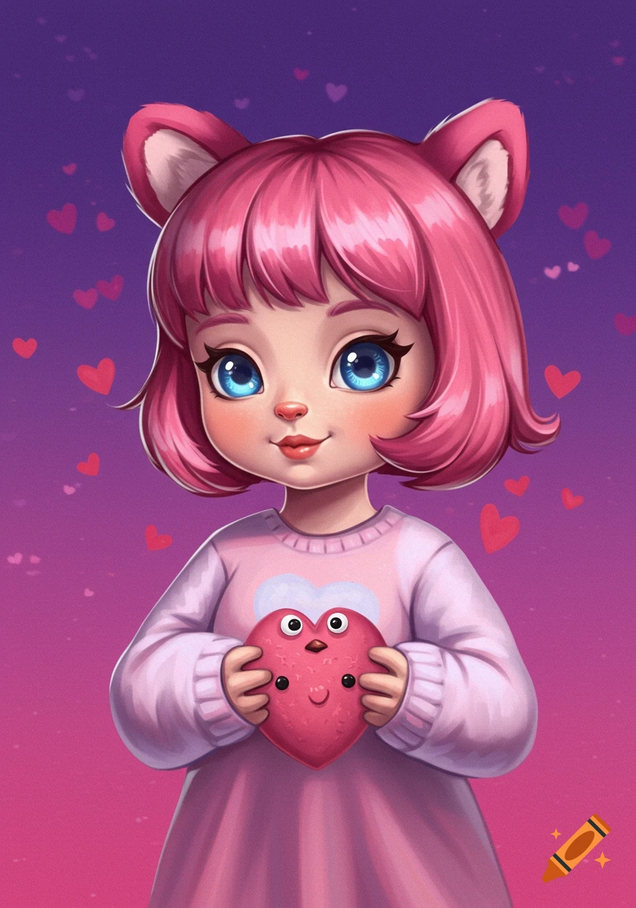 Cute illustration of a pink-haired girl with cat ears holding a heart toy against a heart-filled background.