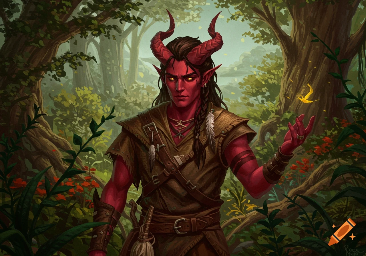 A red-skinned tiefling character with horns and tribal clothing standing in a forest.
