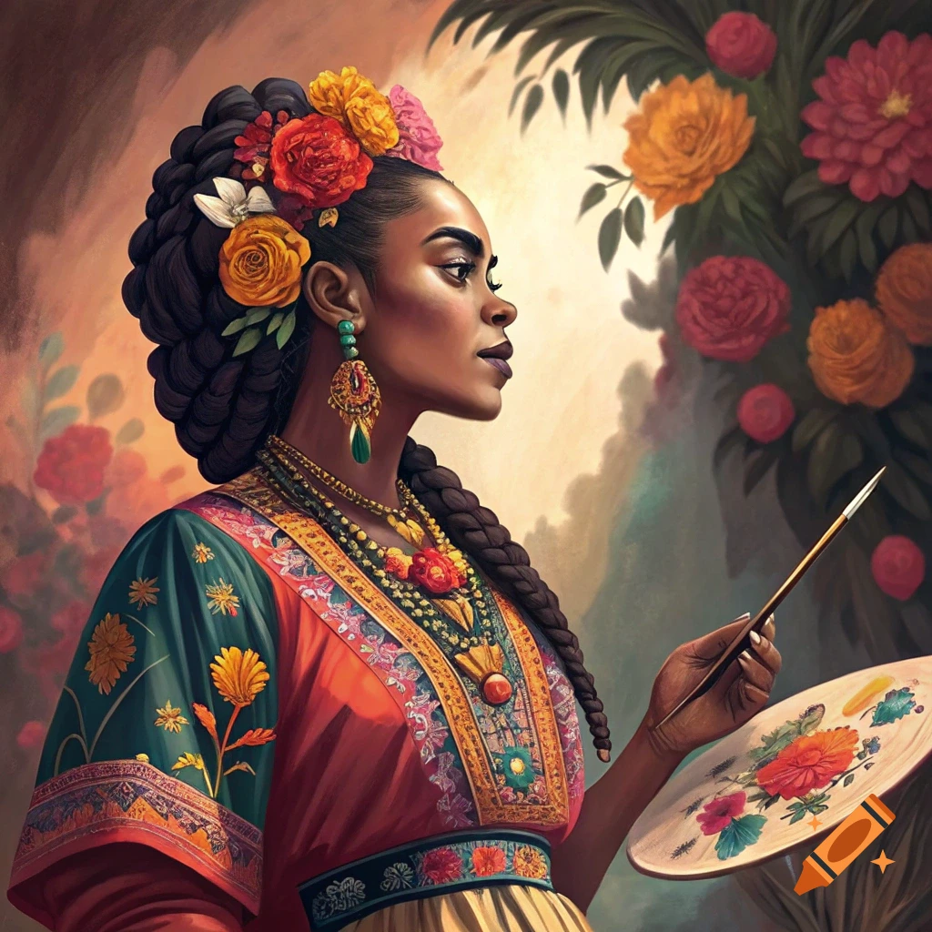 A portrait of a woman with flowers in her hair and traditional dress, holding a paint palette.