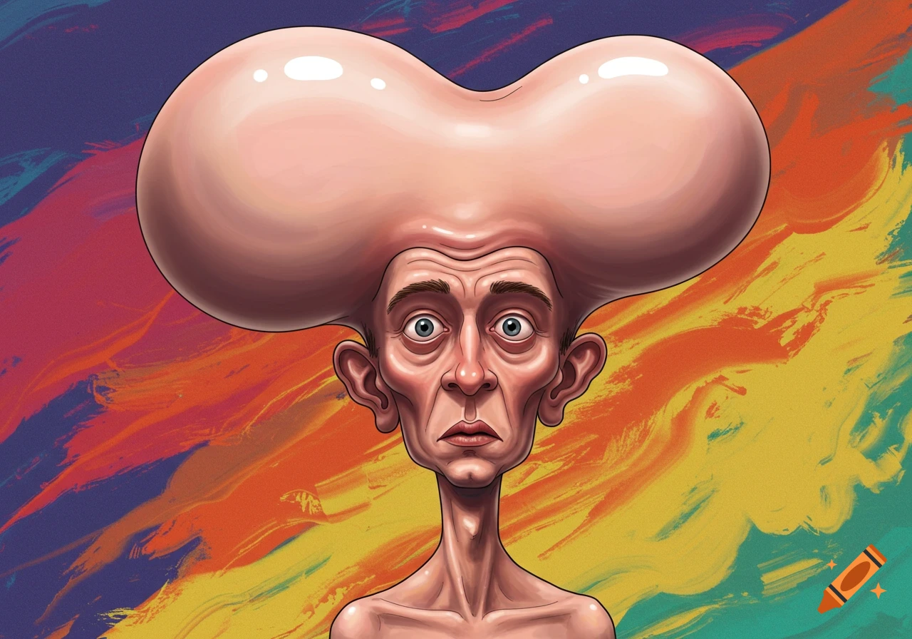 Painting of a man with a colossal forehead against a colorful abstract background.