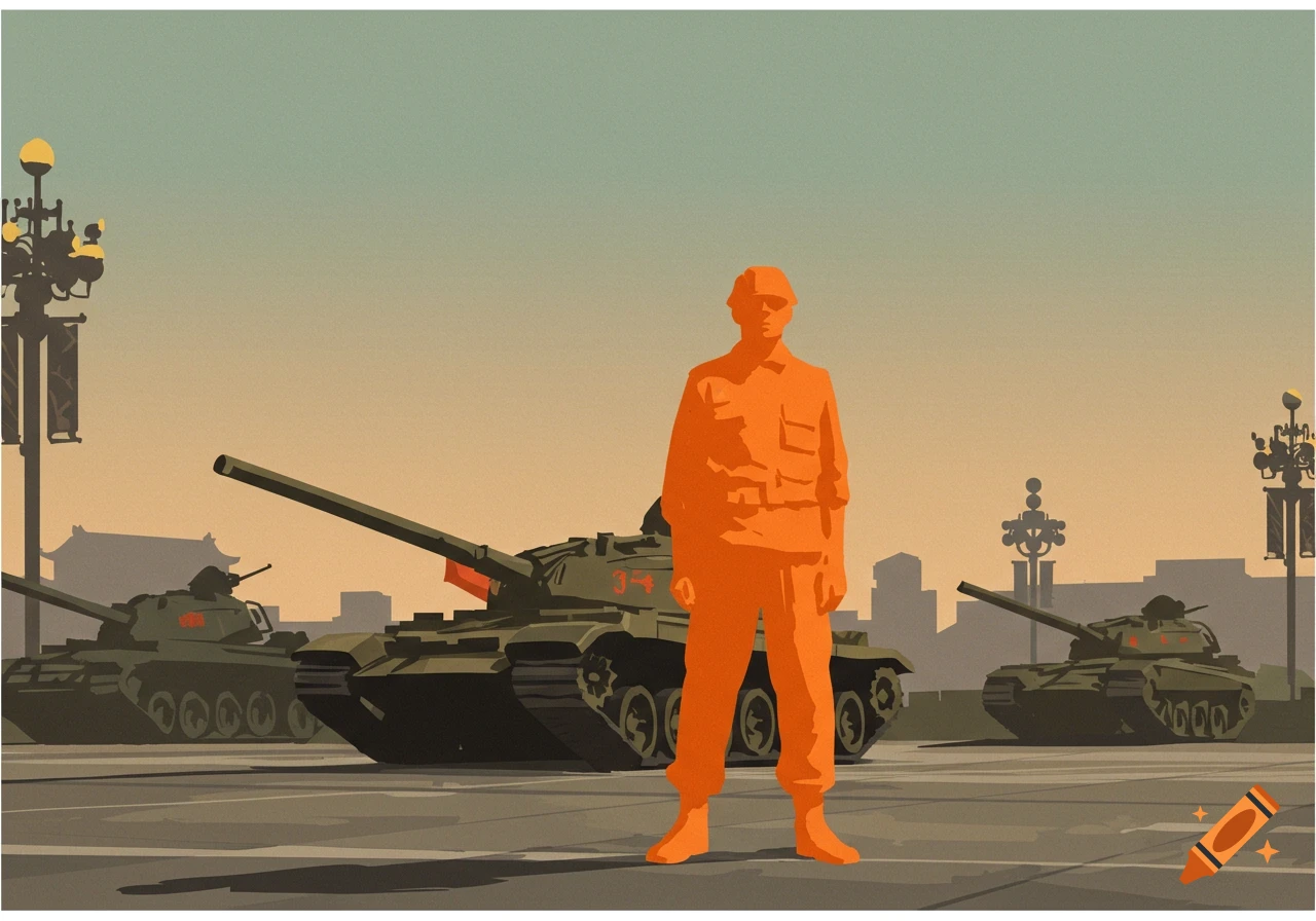 Minimalistic image of a man colored orange standing in front of tanks in dull colors, referencing Tank Man.