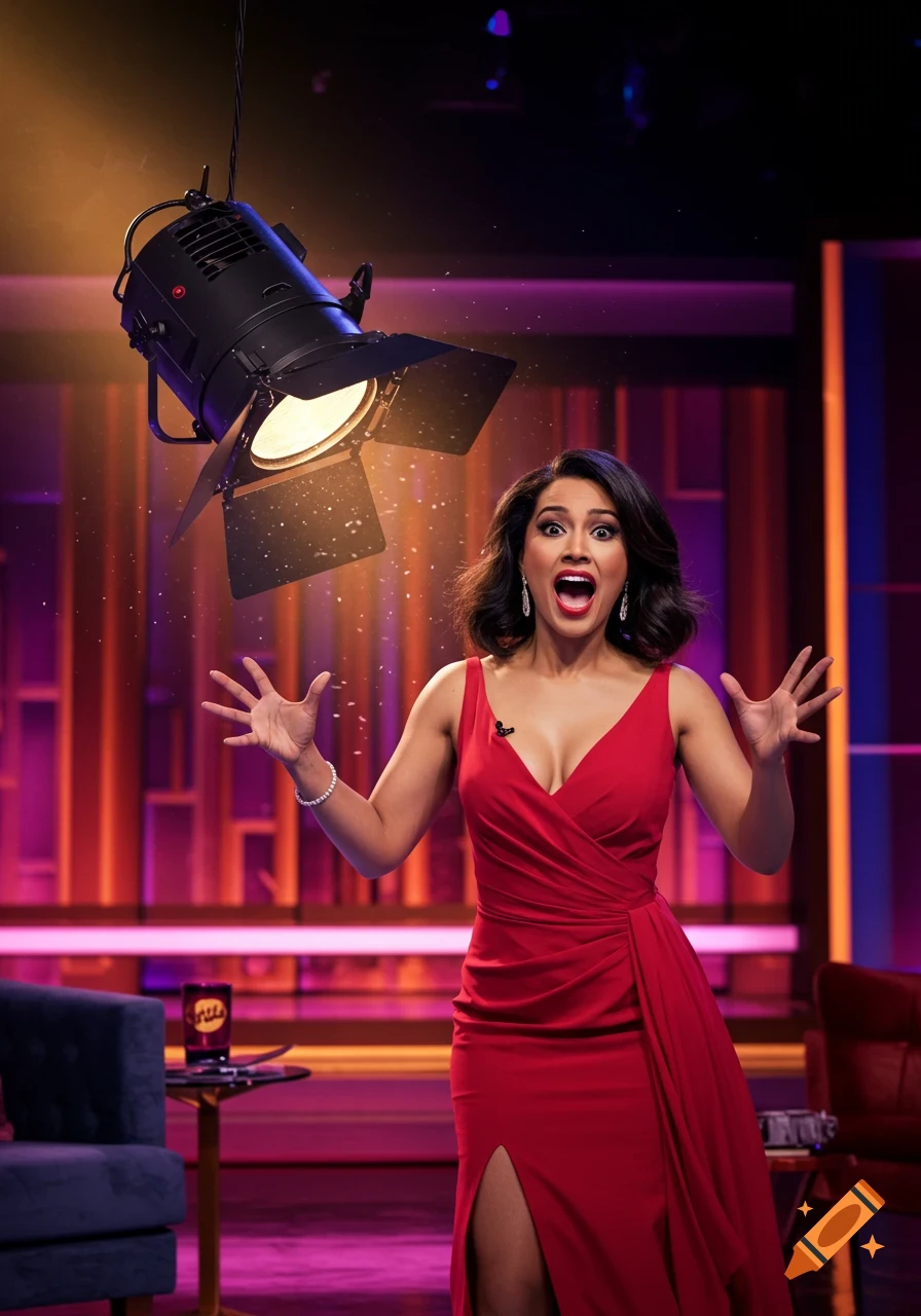 Woman in red dress reacts in shock to a falling spotlight in a brightly lit talk show studio.
