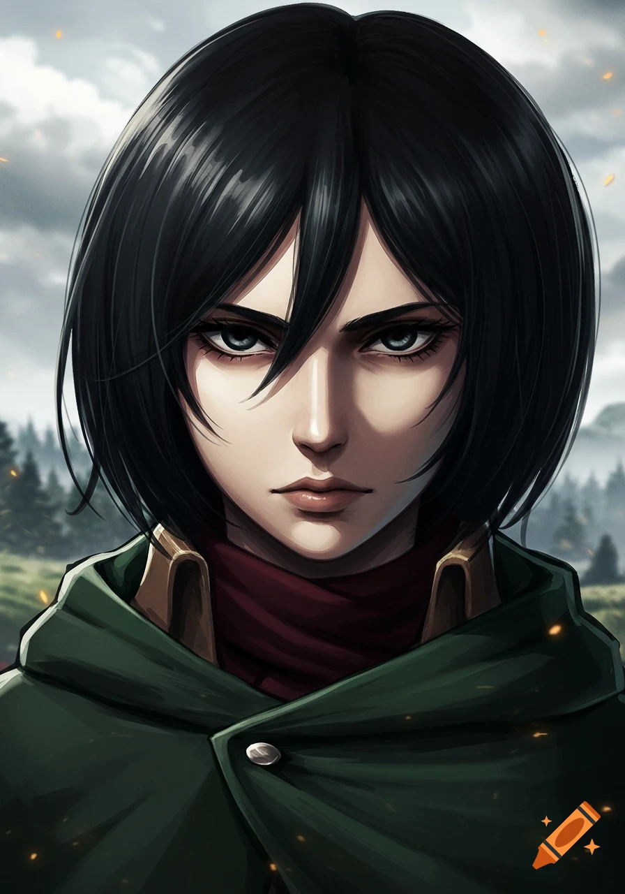 Anime portrait of Mikasa Ackerman in a green cape against a forest background
