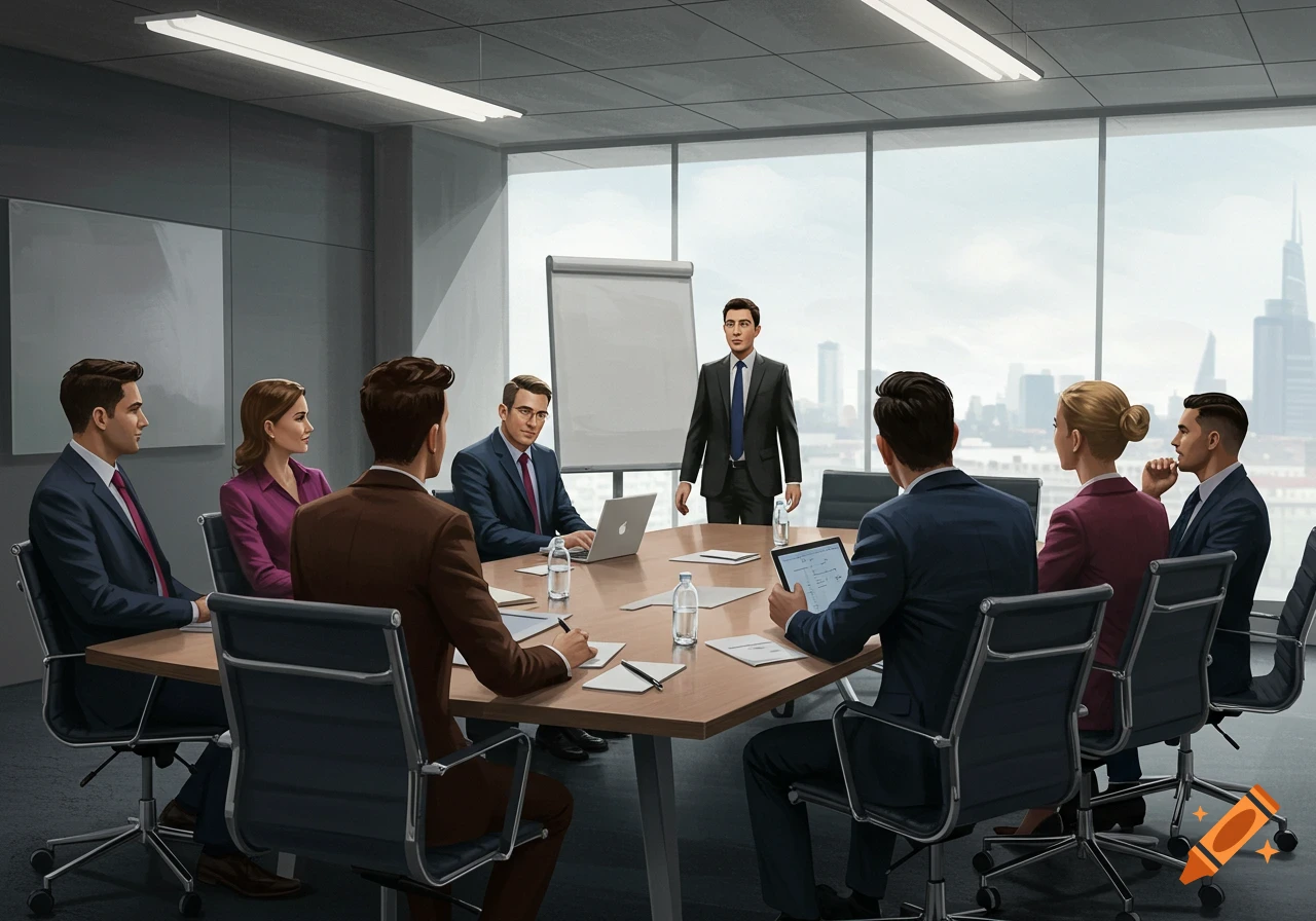 A business meeting with people sitting around a table and one person standing near a whiteboard.