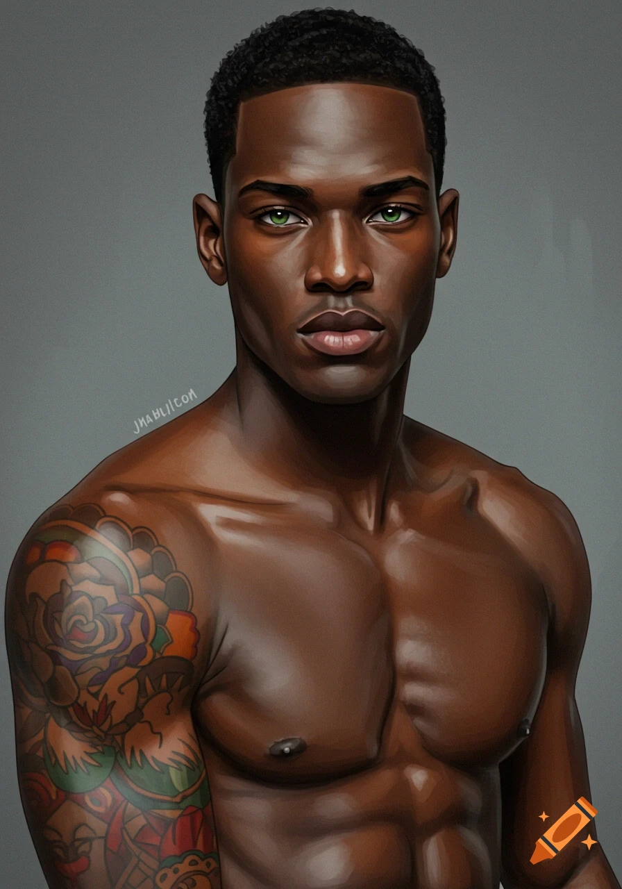 Image of a muscular Black man with green eyes and a shoulder tattoo.