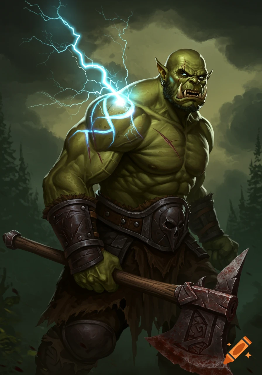 A muscular green orc with a lightning mark on its shoulder, holding a bloody axe in a forest.