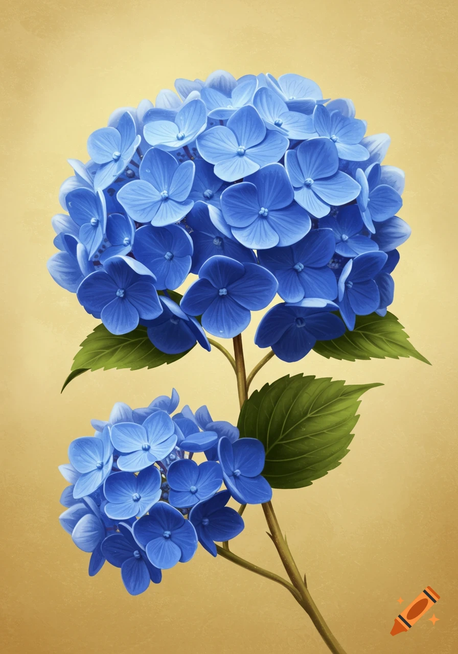 Blue hydrangea flowers with green leaves on a cream and gold background.