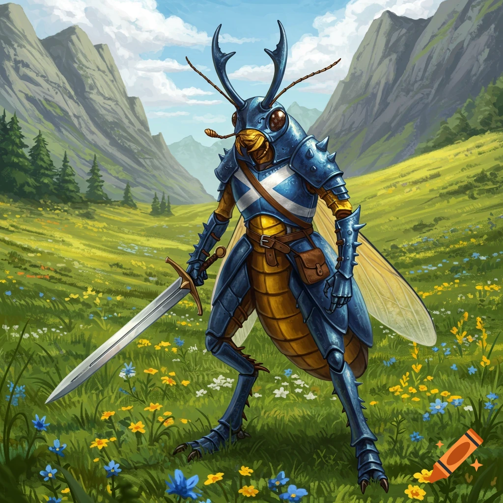 A humanoid blue beetle creature in Scottish-colored armor holding a sword in a mountain field.