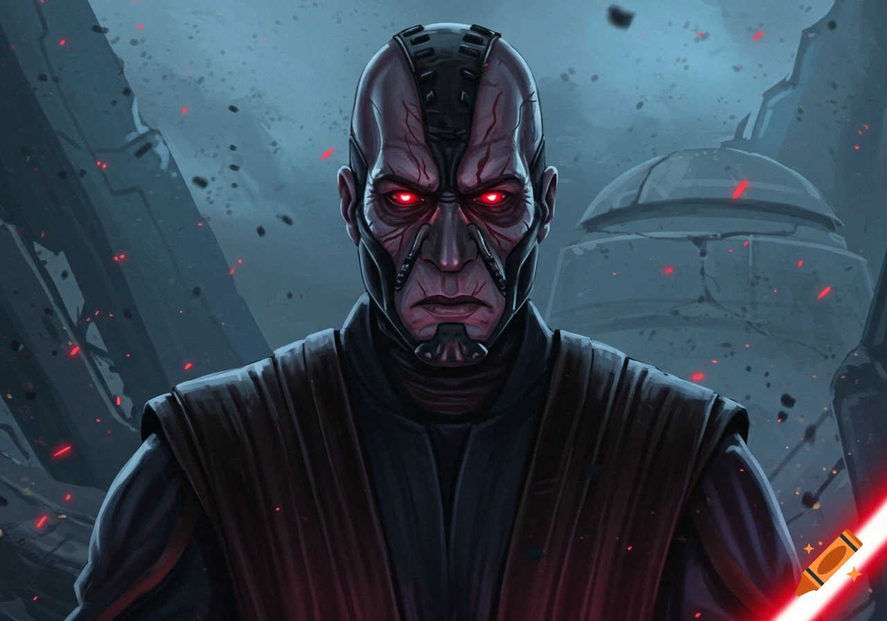 A stern bald man is depicted wearing dark robes and wielding a red lightsaber. His eyes are red.