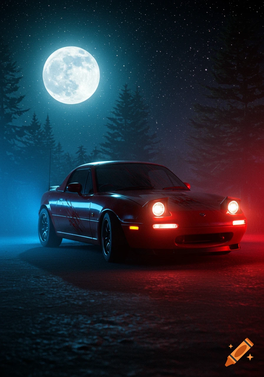 A red Mazda Miata is parked under a full moon at night, illuminated by red and blue light.