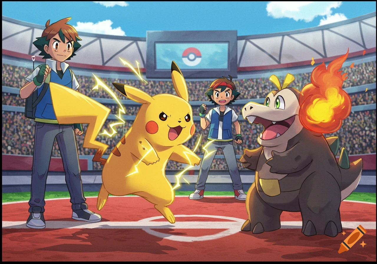 Ash, Roy, Pikachu, and Fuecoco in a Pokemon stadium.