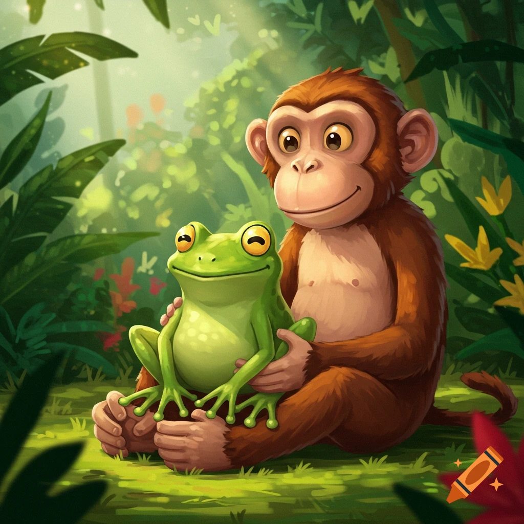 A cartoon monkey sits in a jungle, holding a cheerful green frog.